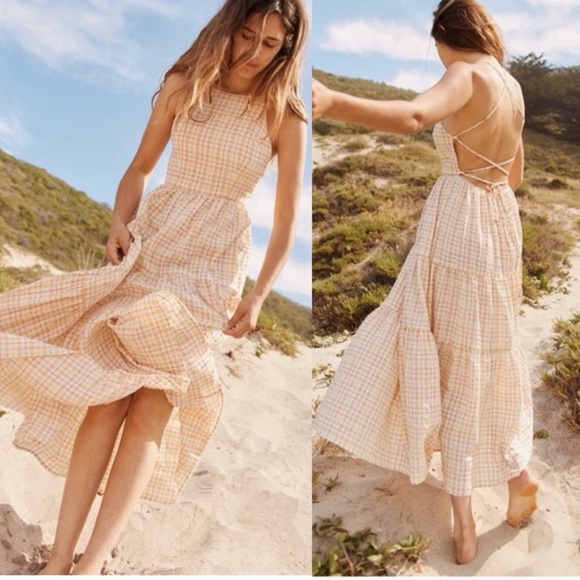 Christy Dawn Dresses & Skirts - Christy Dawn Delphine Midi Tiered Sun Dress in Snapdragon Gingham Pink Tan XS